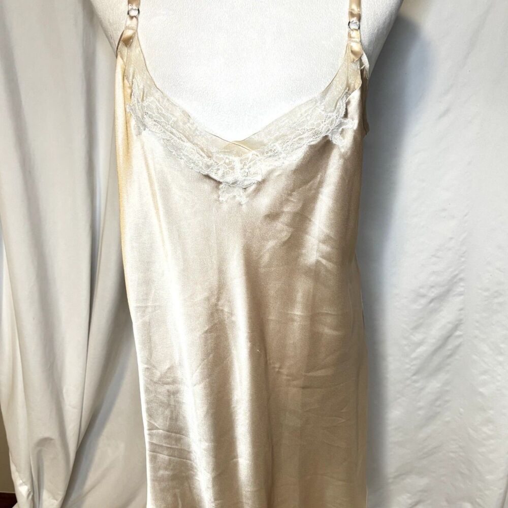 Victoria's Secret Satin Slip Dress Champagne Lace Trim V-Neck L Womens